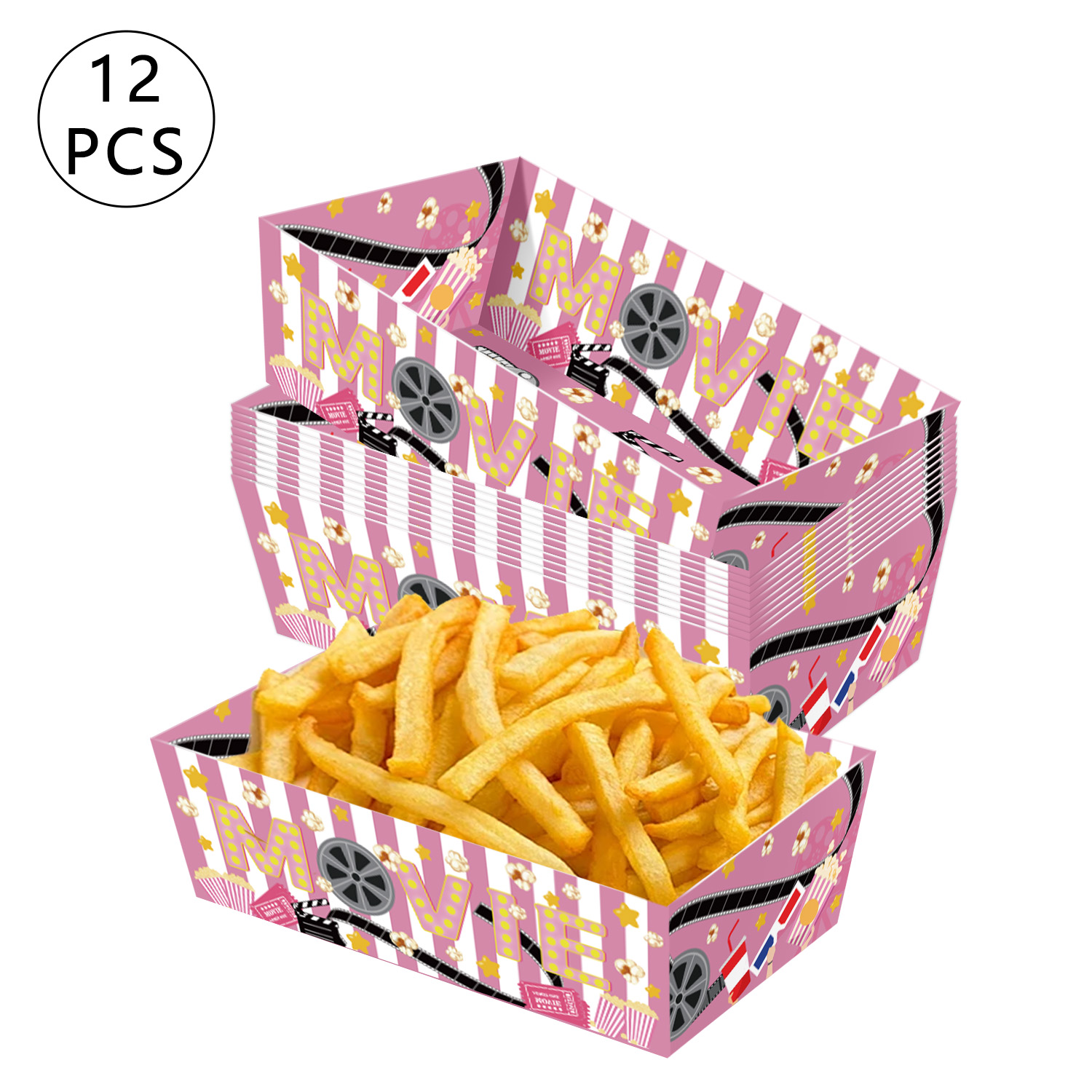 Home Cinema Food - ถาดใส่ขนมขบเคี้ยวแบบใช้แล้วทิ้งลายทางสีชมพูสำหรับใส่ป๊อปคอร์น เหมาะสำหรับดูหนัง โฮมเธียเตอร์ งานวันเกิด งานรื่นเริง